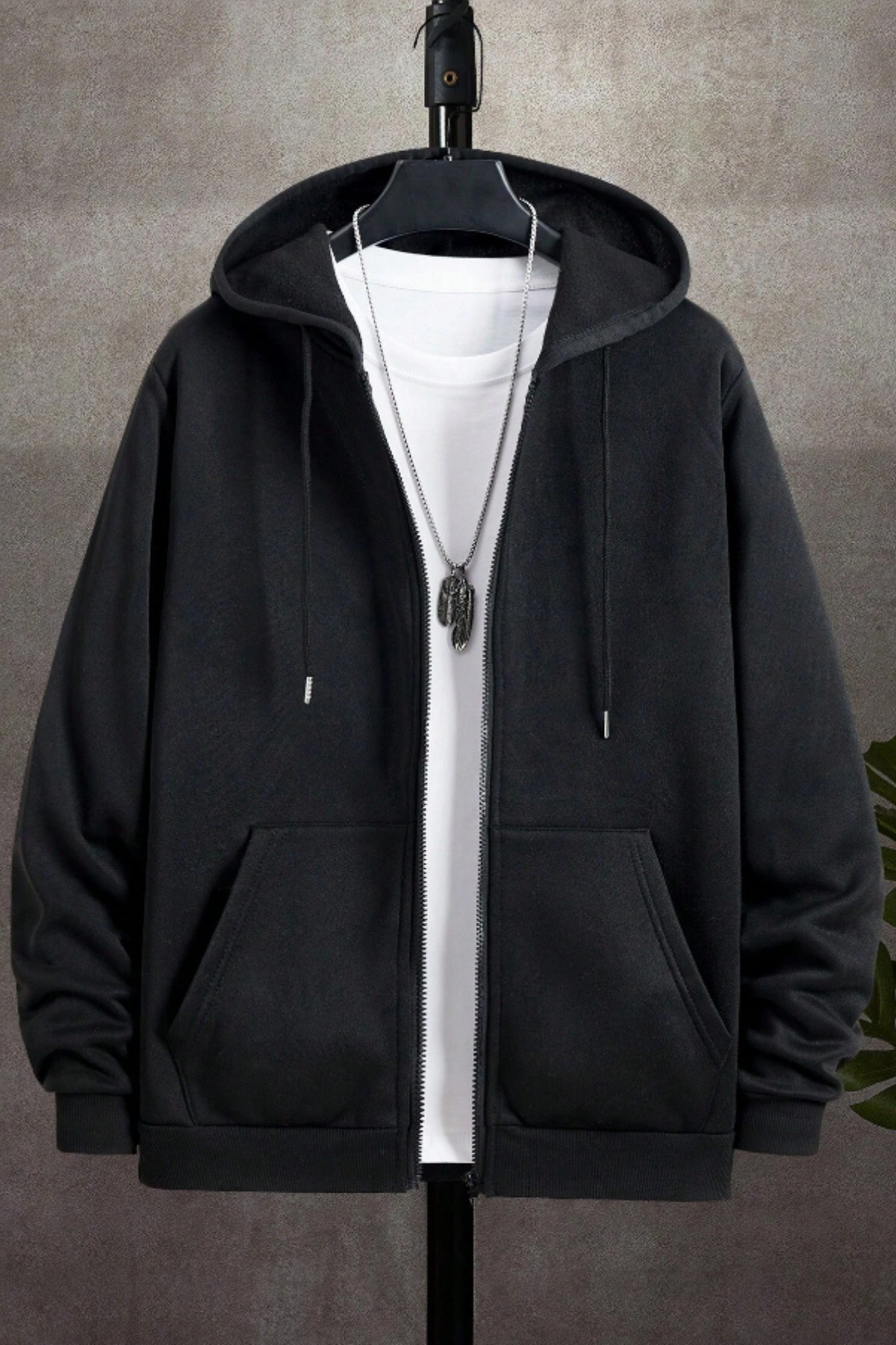 Unisex Relax Fit Rahat Kesim Pamuklu İçi Polarlı Çift Cepli Fermuarlı Kapüşonlu Sweatshirt