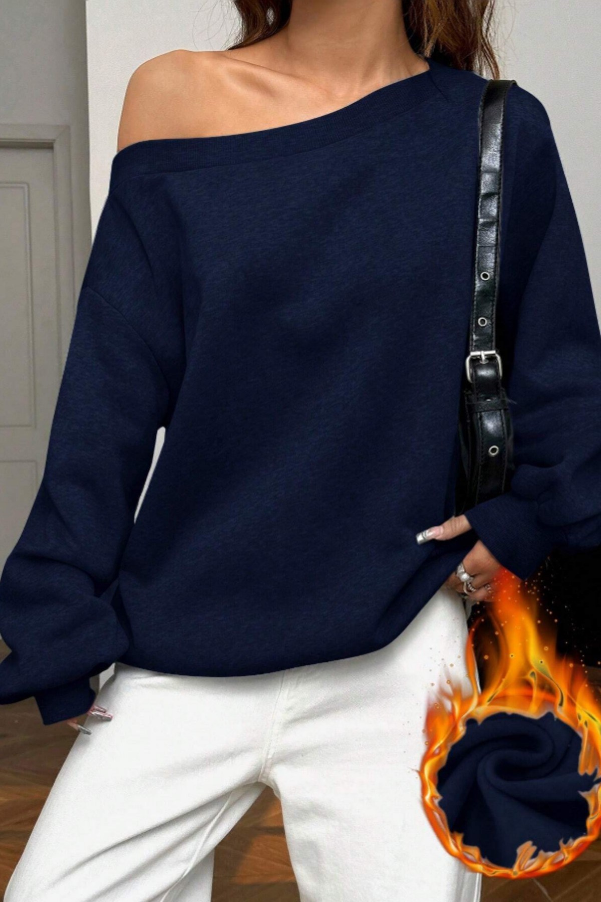 Kadın Kayık Yaka 3 İplik Şardonlu Oversize Sweatshirt