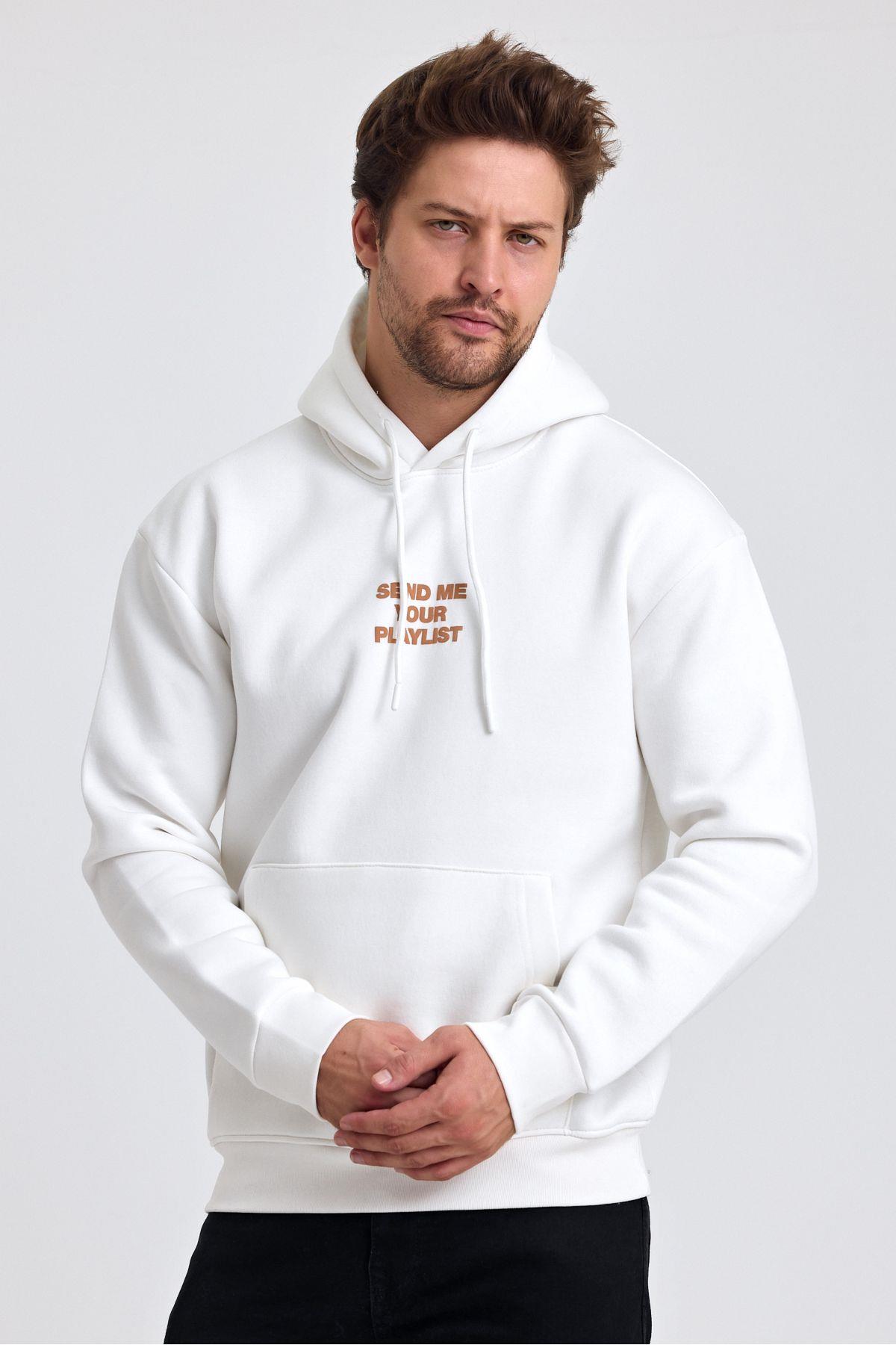 Erkek Yumusaçık Kumaşlı Kapüşonlu Kordonlu Regular Fit Nakışlı Sweatshirt
