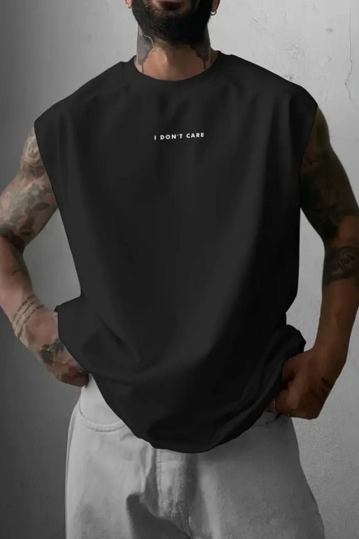 I Dont Care Baskılı Siyah Kolsuz Atlet tshirt Erkek Sıfır Kol Oversize T-SHİRT