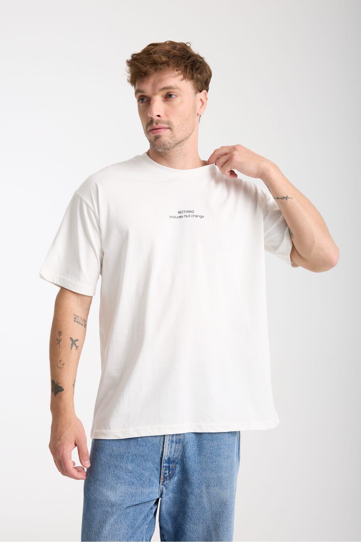 Erkek Beyaz Nothing Nakış Yazılı Oversize Bisiklet Yaka T-Shirt