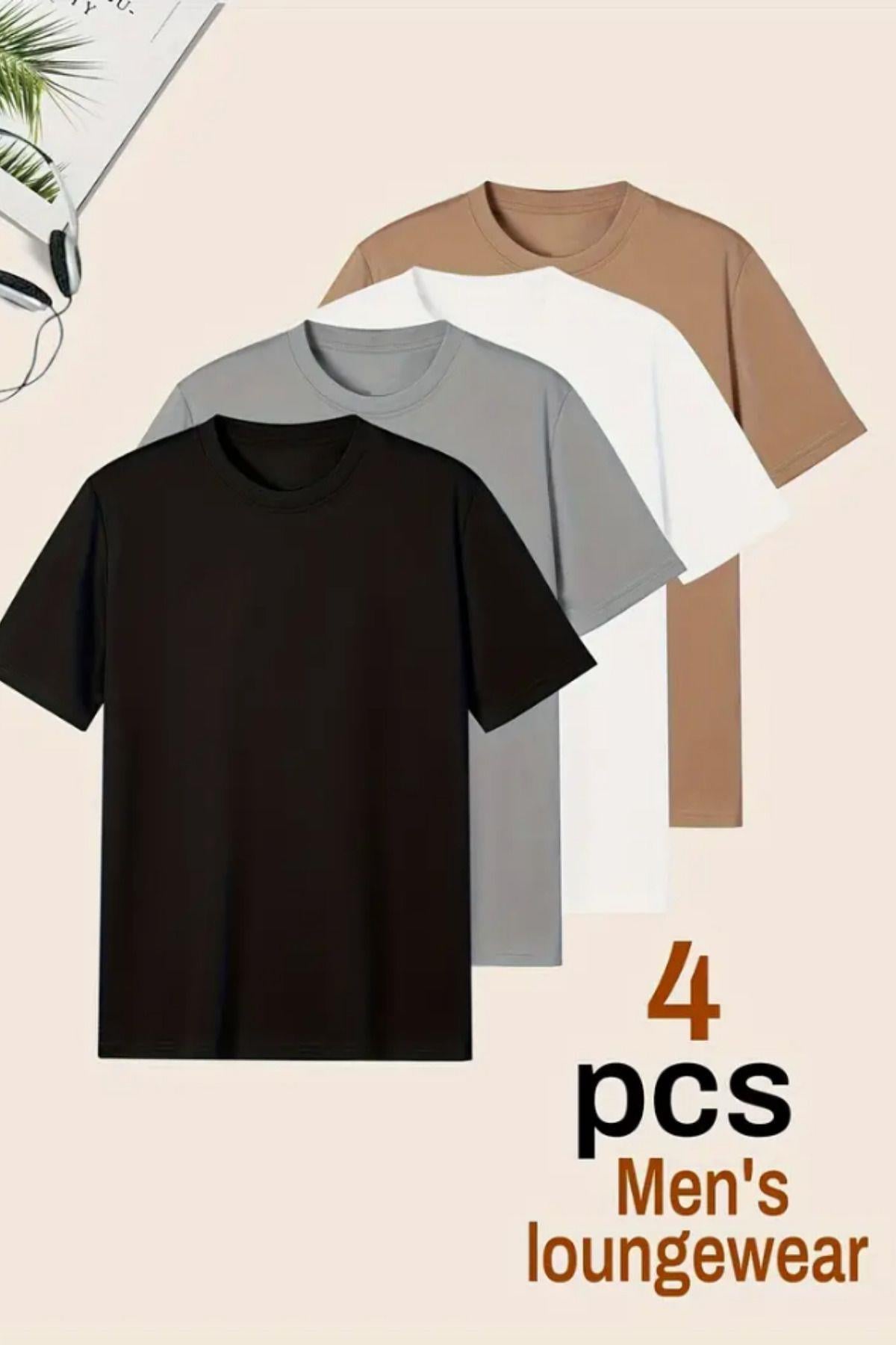 Erkek 4Lü Paket Siyah-Kahverengi-Beyaz-Gri Slim Fit Dar Kesim %100 Pamuk Bisiklet Yaka Tişört