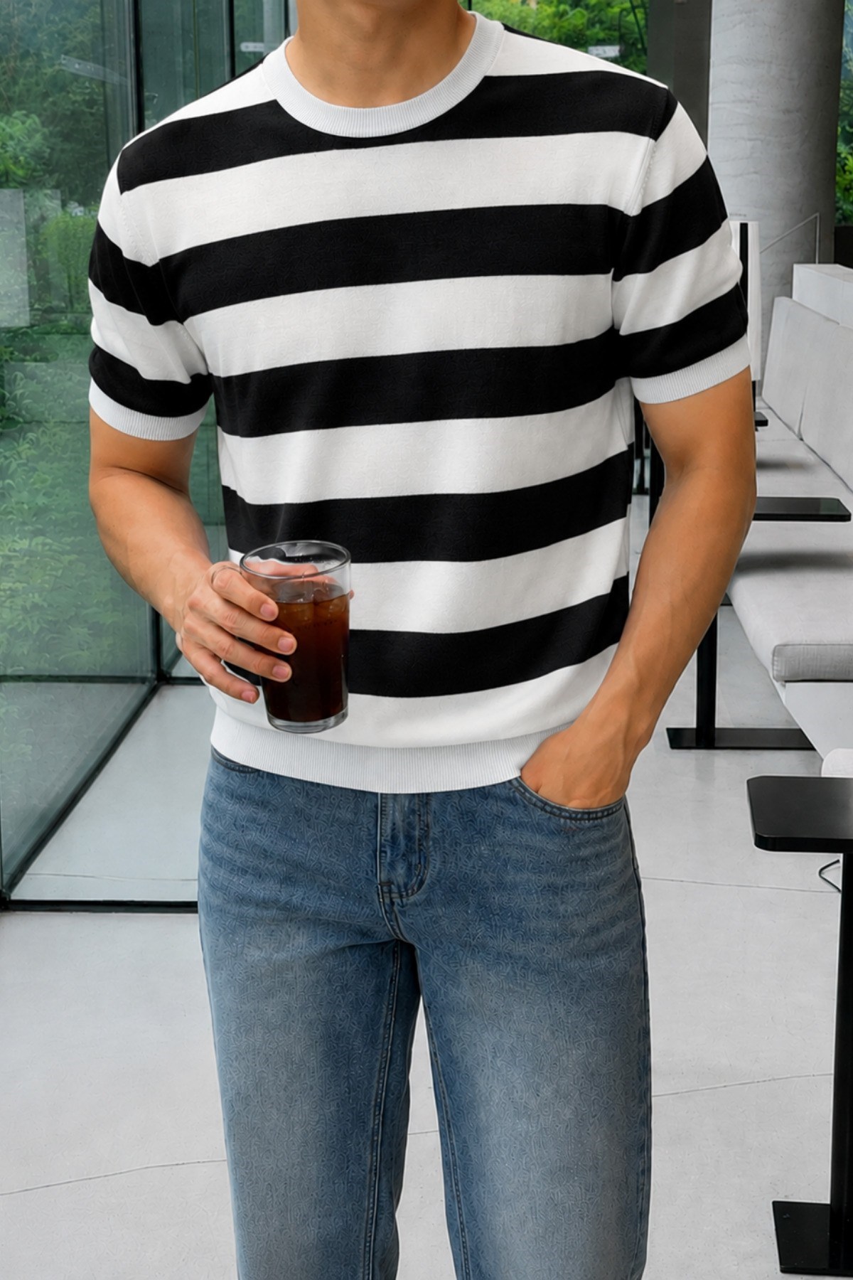Erkek Çizgili Triko Tişört Bisiklet Yaka Slim Fit Yazlık İnce Dokulu