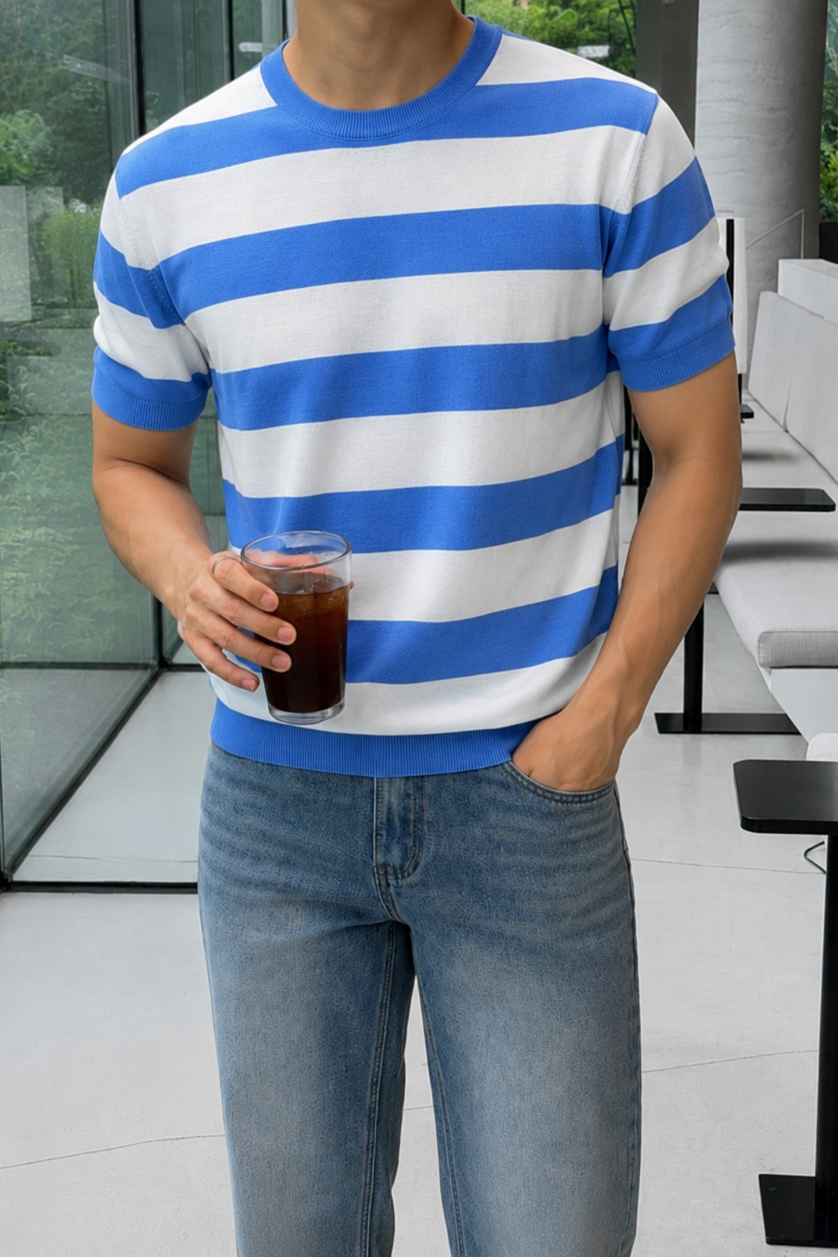Erkek Çizgili Triko Tişört Bisiklet Yaka Slim Fit Yazlık İnce Dokulu