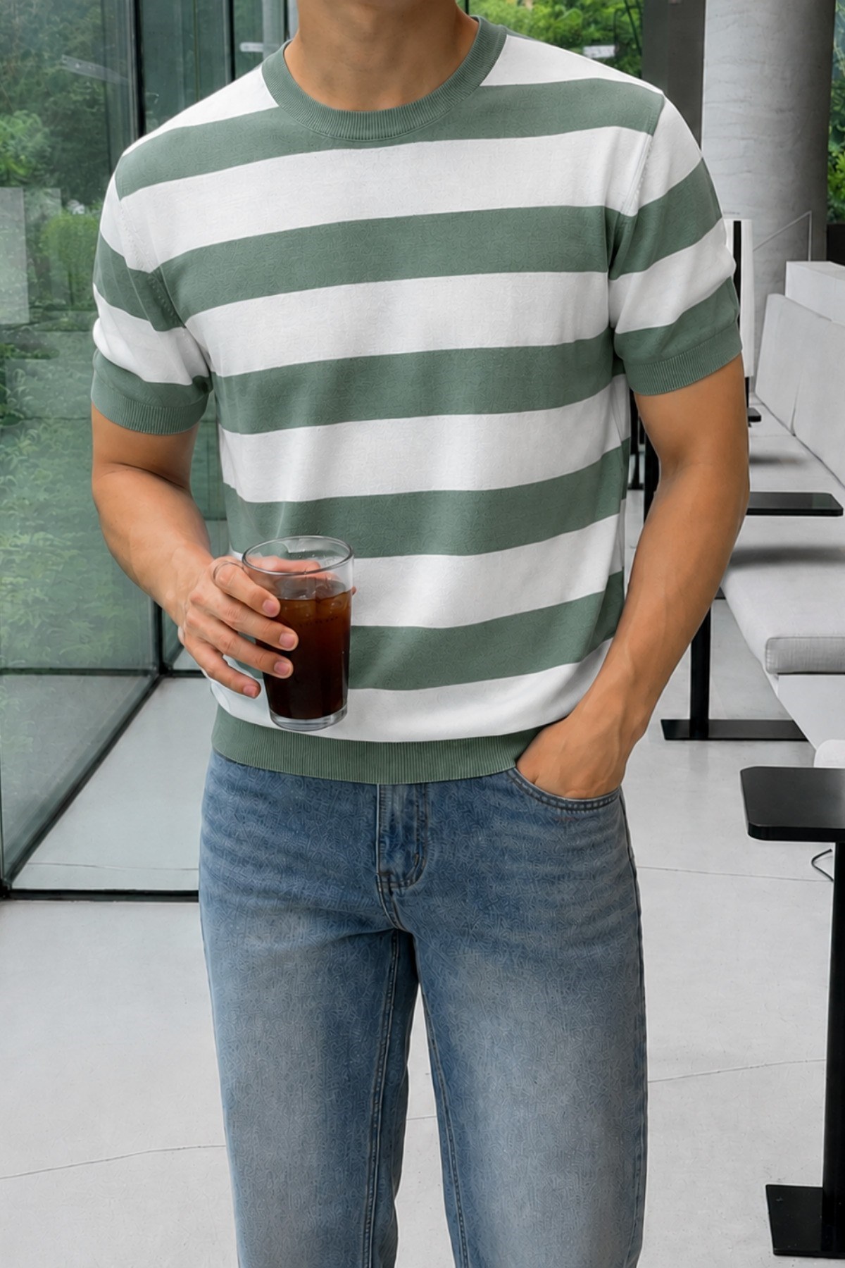 Erkek Çizgili Triko Tişört Bisiklet Yaka Slim Fit Yazlık İnce Dokulu
