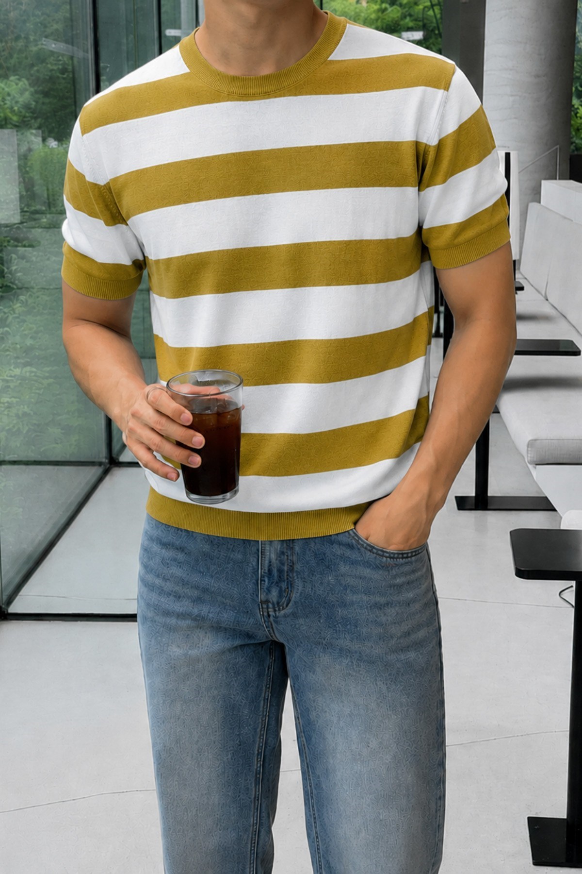 Erkek Çizgili Triko Tişört Bisiklet Yaka Slim Fit Yazlık İnce Dokulu