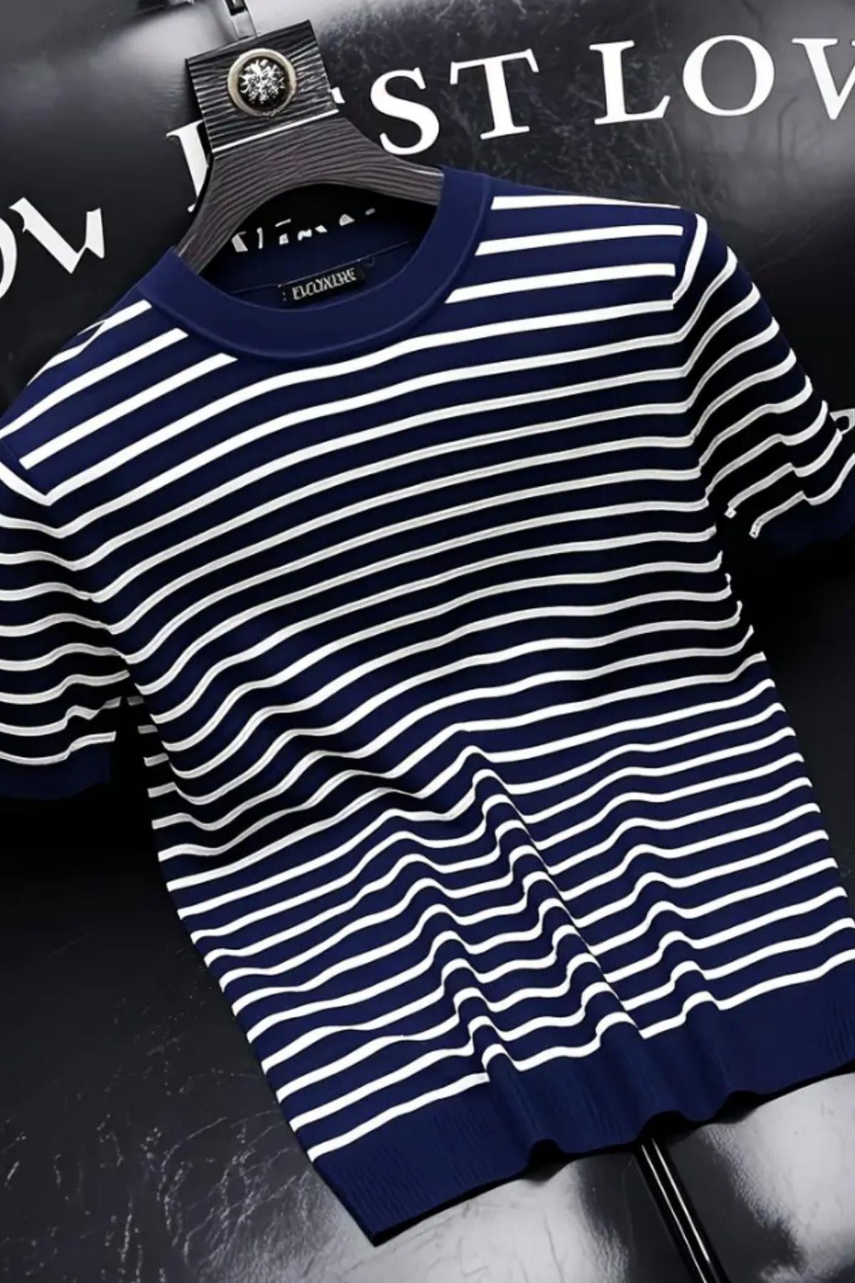 Erkek Koyu Lacivert Kısa Kollu Fitilli Akrilik-Pamuk Karışımlı Triko T-Shirt