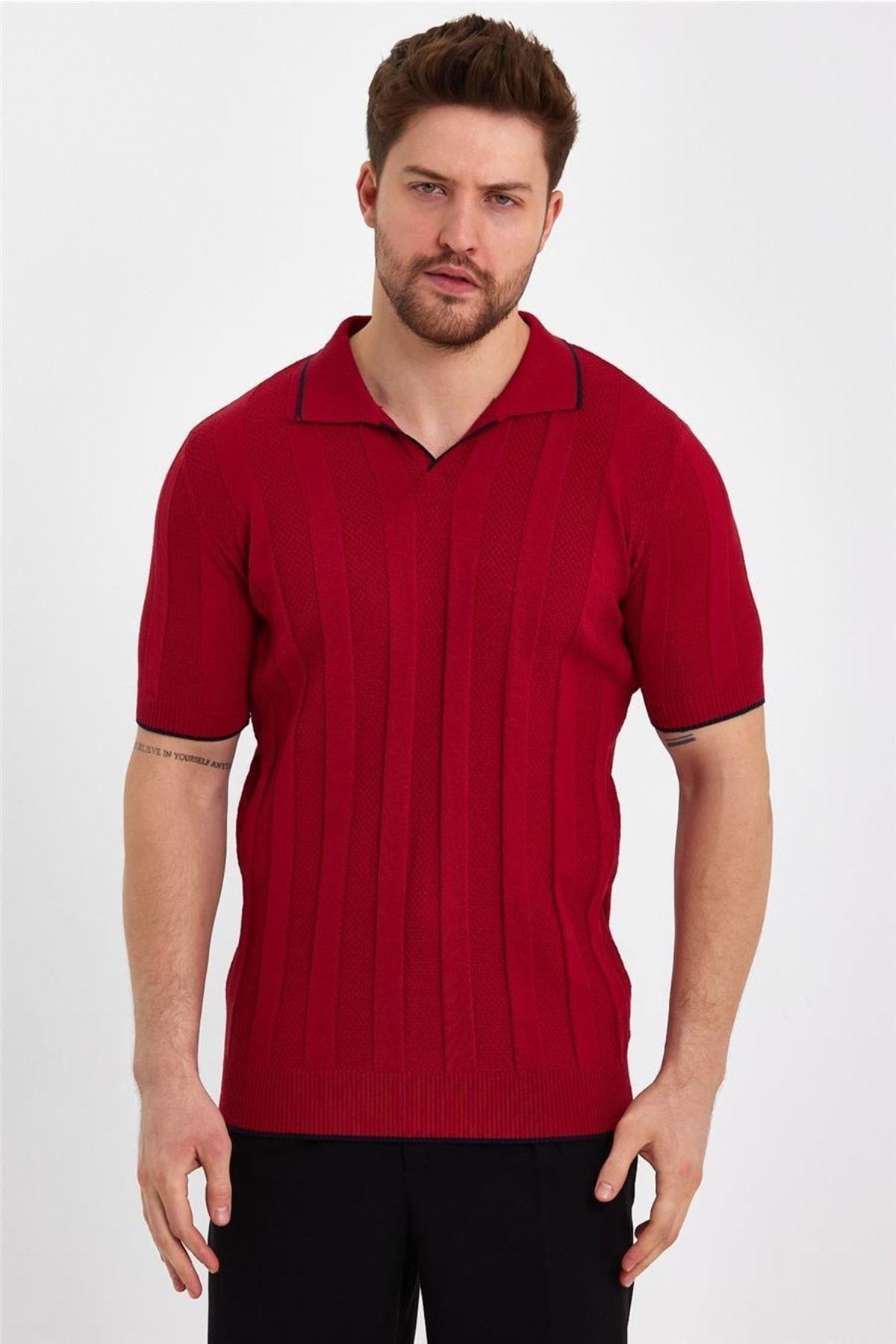 Koyu Kırmızı Erkek Polo Yaka Çizgili Triko T-Shirt-TRZ19109R02S