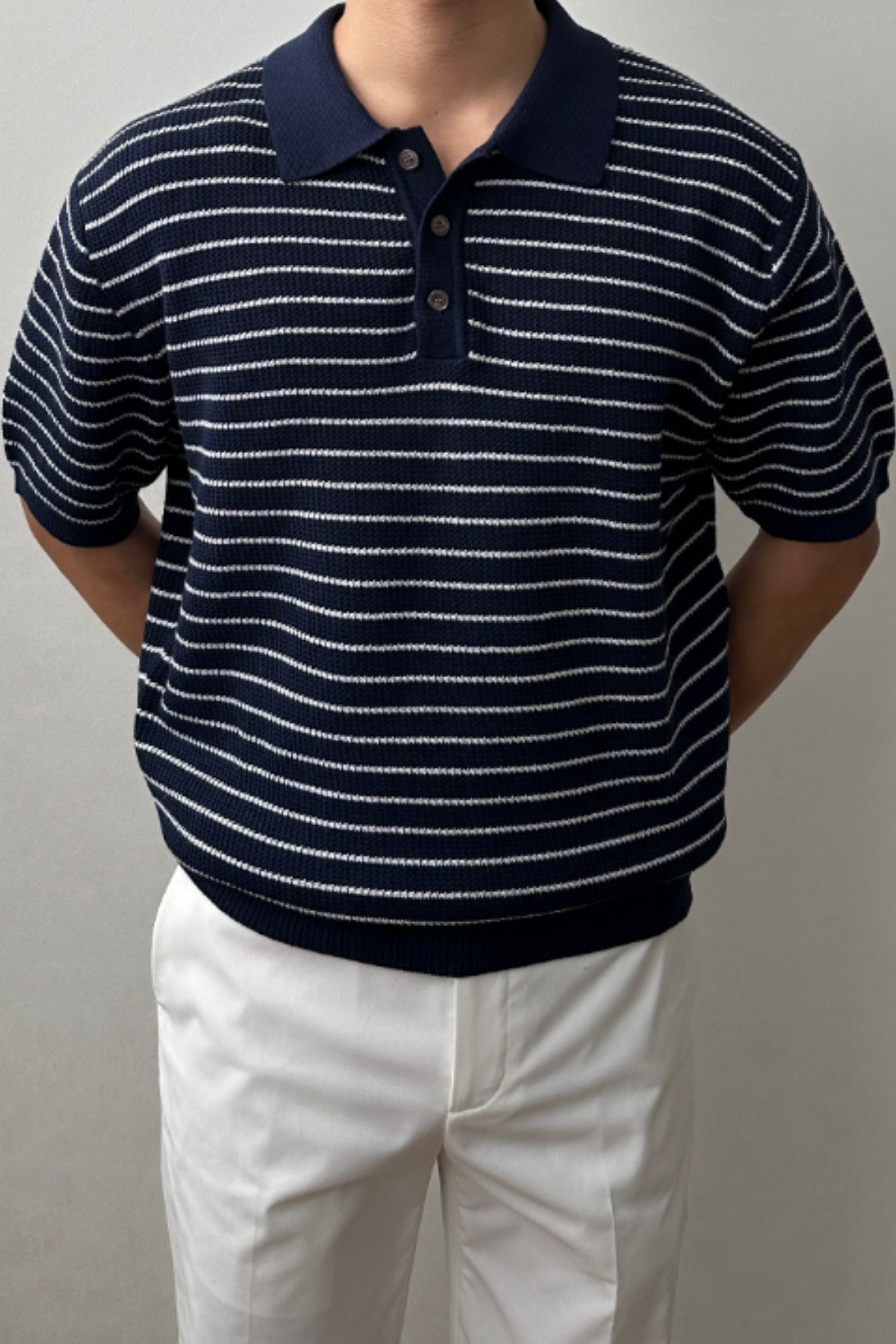 Erkek Çizgili Düğmeli Regular Fit Triko T-Shirt