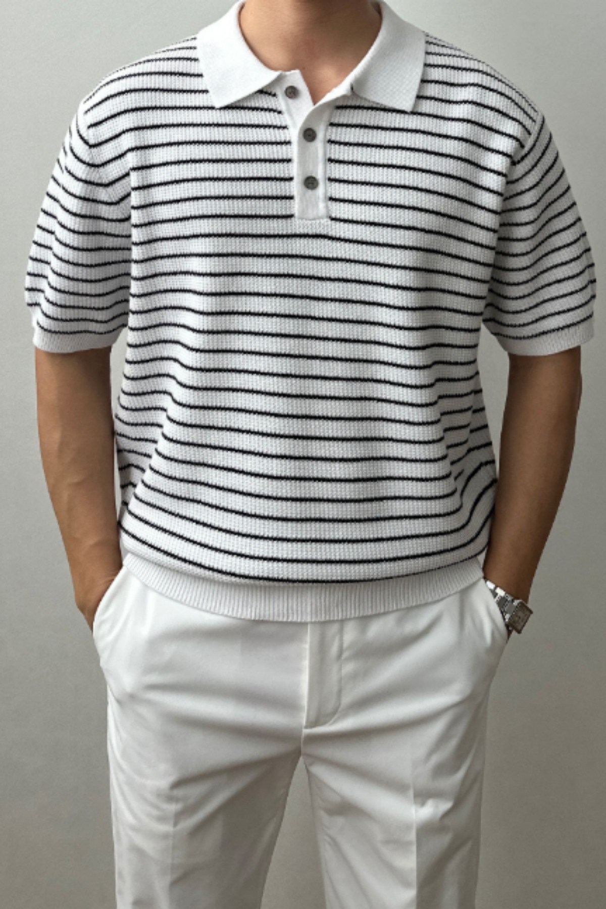 Erkek Çizgili Düğmeli Regular Fit Triko T-Shirt