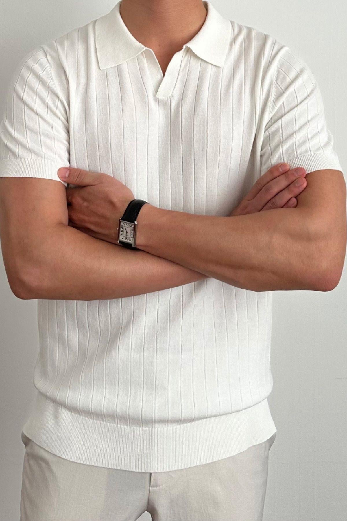 Erkek Mat Beyaz Slim Fit Fitilli Polo Yaka Triko T-Shirt