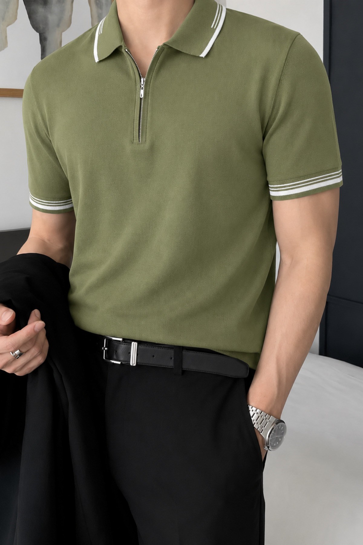 Erkek Fermuar Yaka Triko Polo Tişört – Slim Fit Pamuklu Yazlık Triko