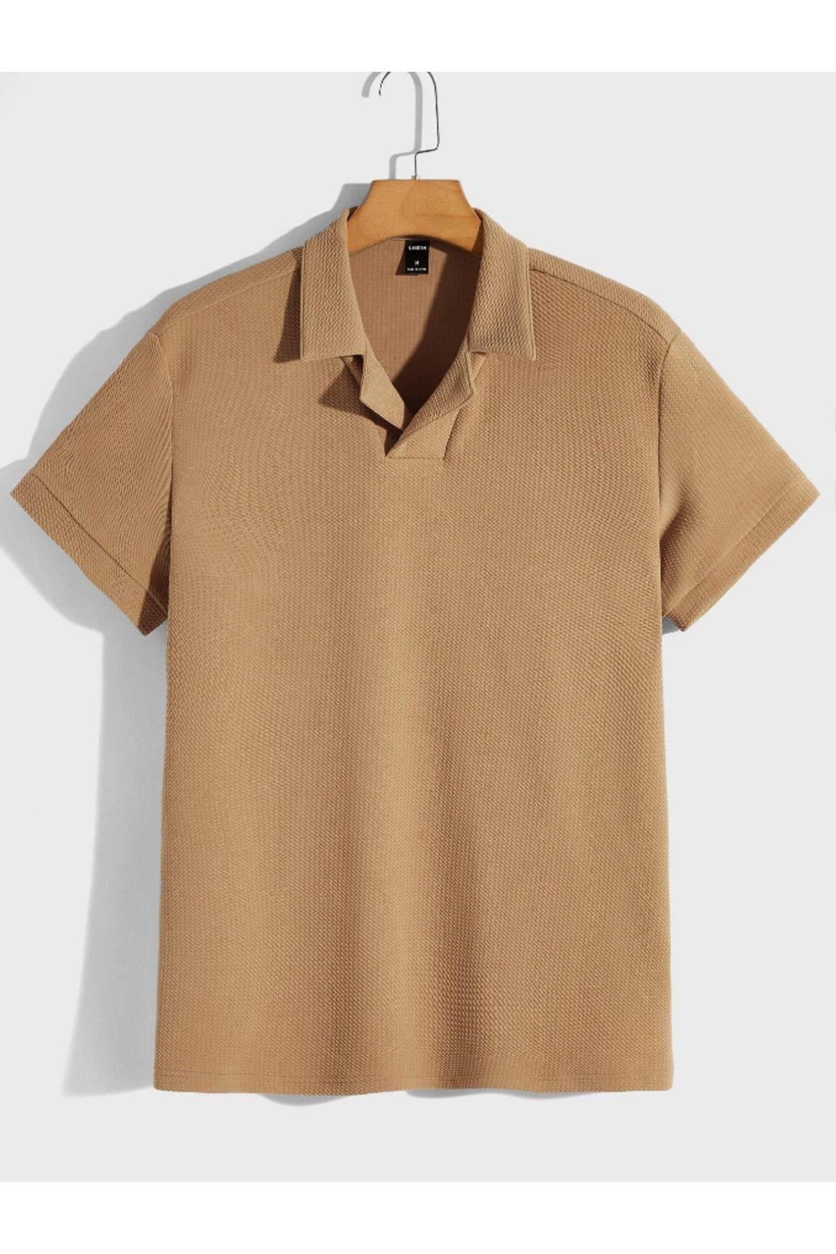 Erkek Kahverengi Waffle Kumaş Regular Polo Yaka T-Shirt