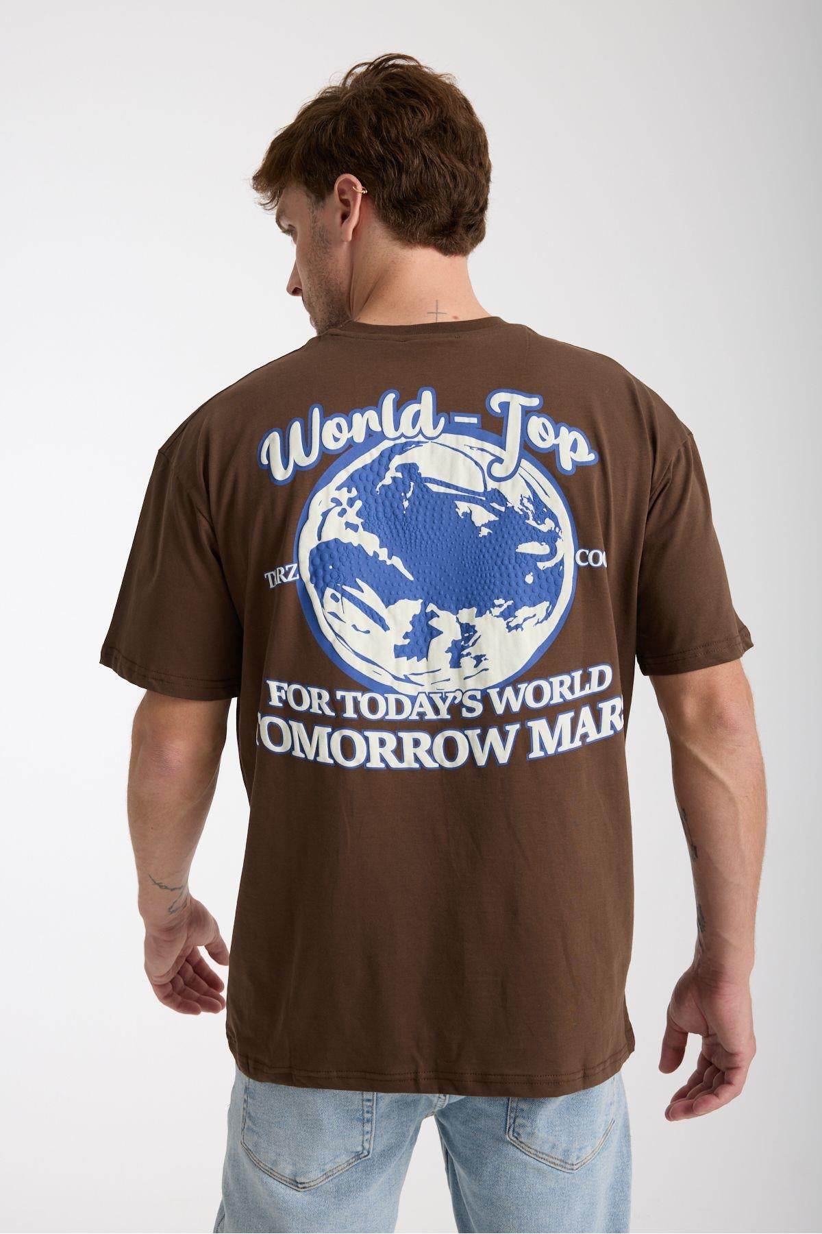 Erkek Kahverengi World Ön Ve Arka Baskılı Oversize Bisiklet Yaka T-Shirt