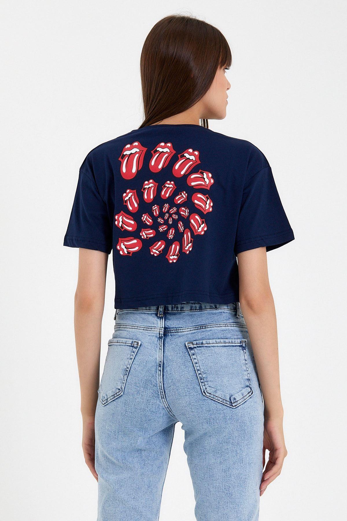 Lacivert Kadın Dil Ön Arka Baskılı Crop Tshirt-xdlbyntstr04m