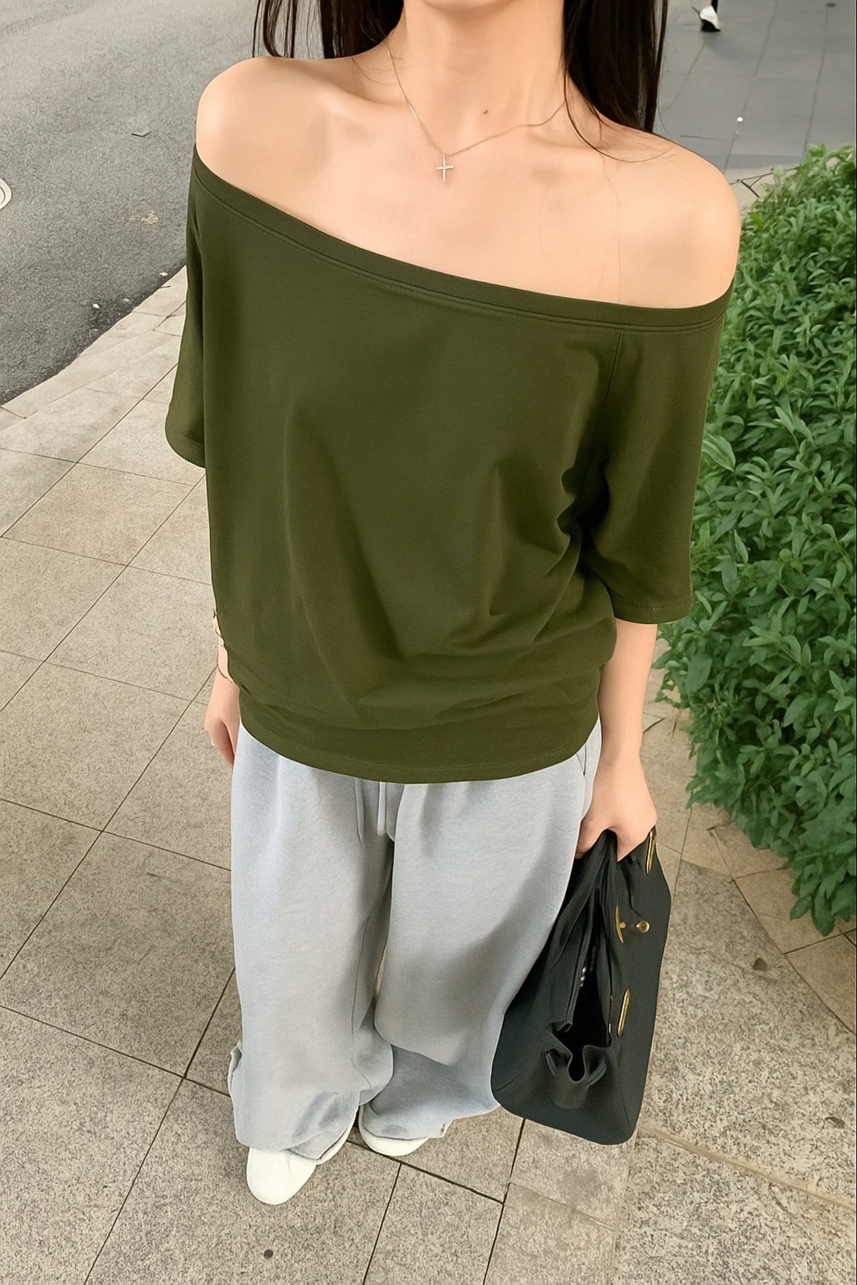 Kadın Düşük Omuz Kayık Yaka Oversize T-Shirt