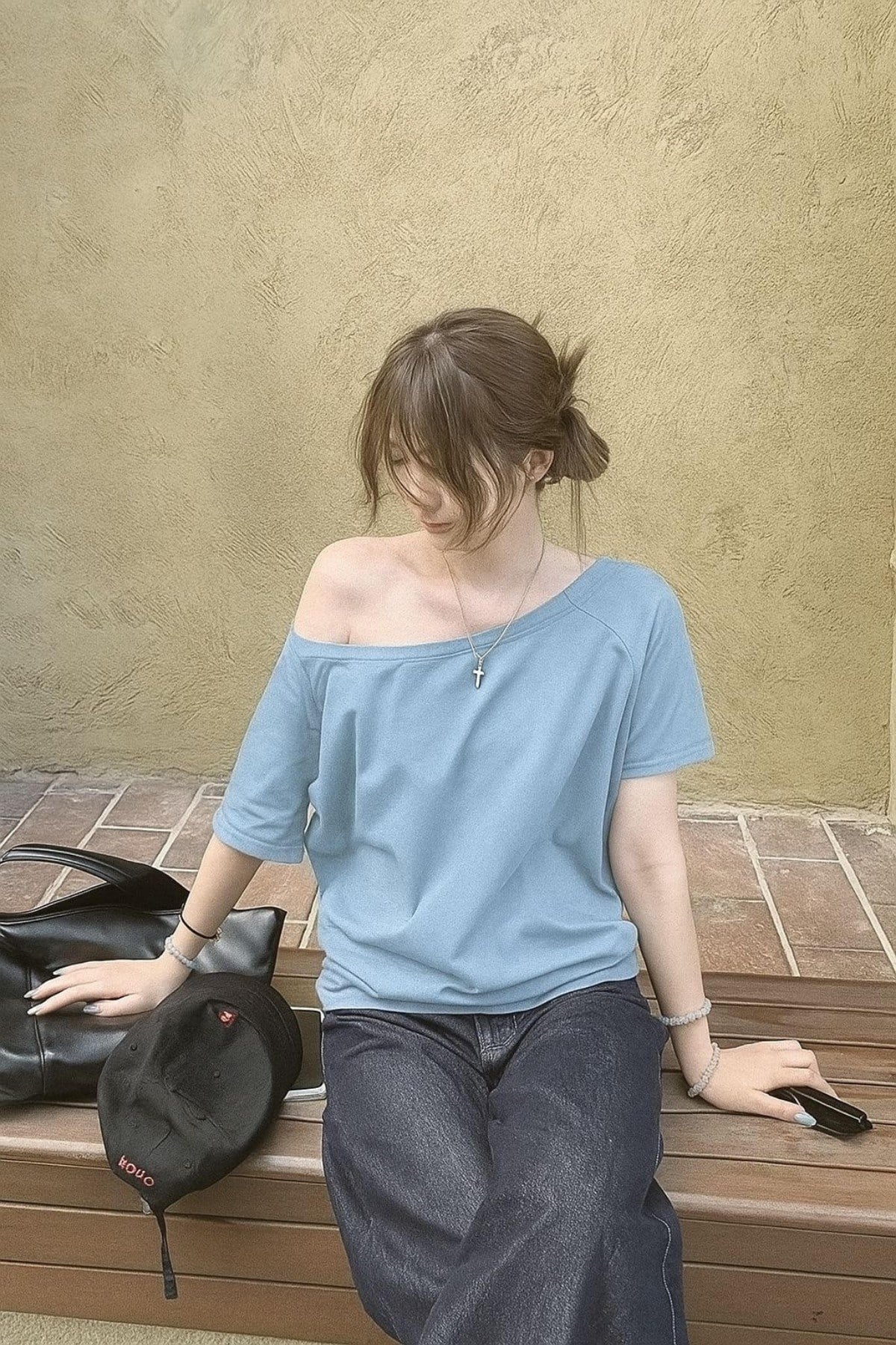 Kadın Düşük Omuz Kayık Yaka Oversize T-Shirt