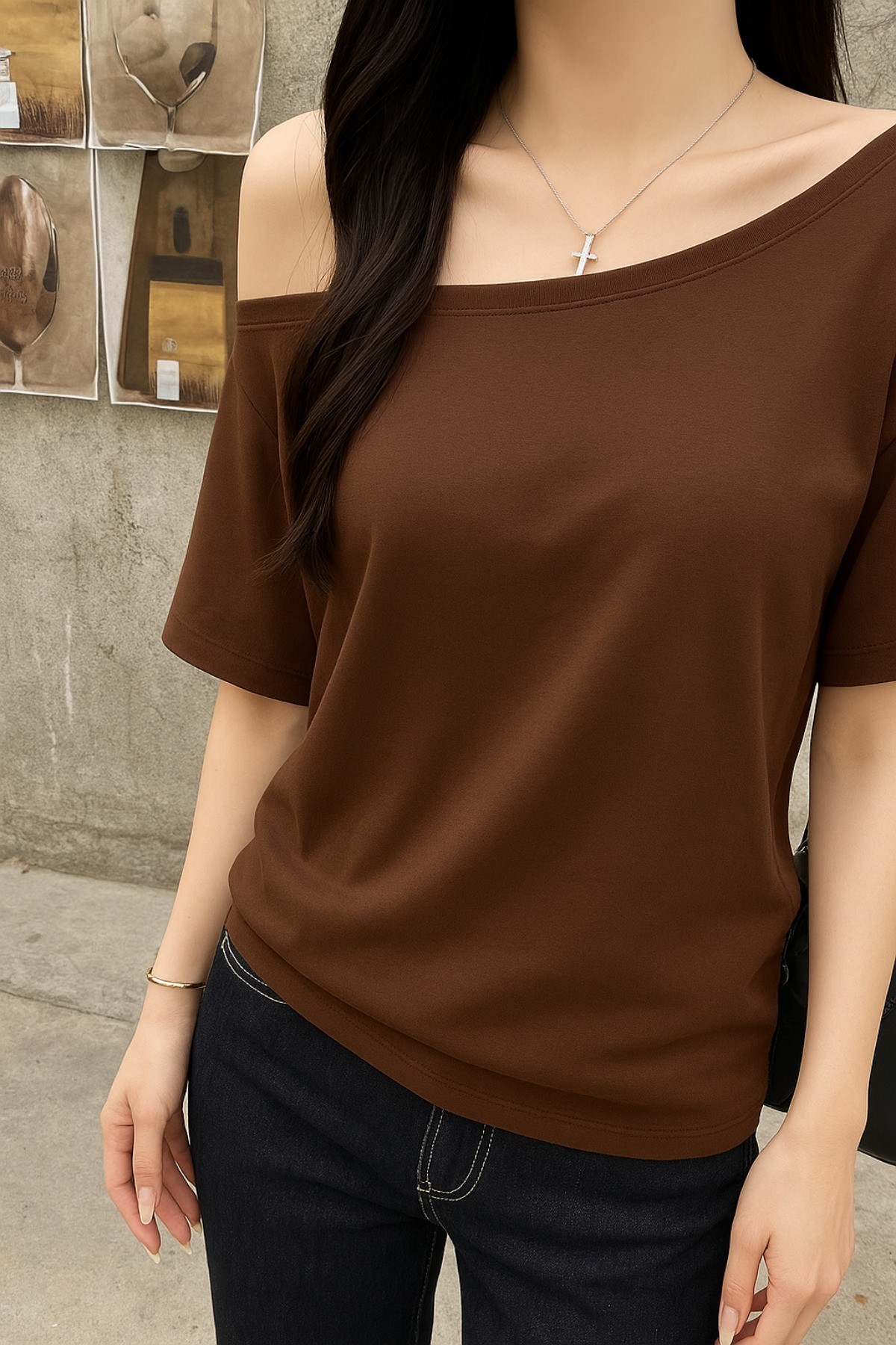 Kadın Düşük Omuz Kayık Yaka Oversize T-Shirt