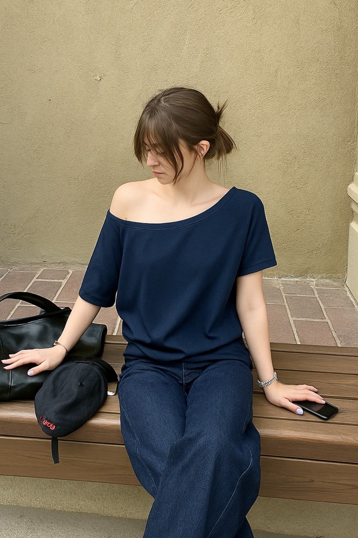 Kadın Düşük Omuz Kayık Yaka Oversize T-Shirt