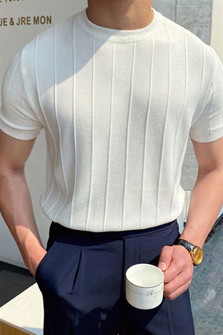 Beyaz Erkek Yuvarlak Yaka Örme T-shirt
