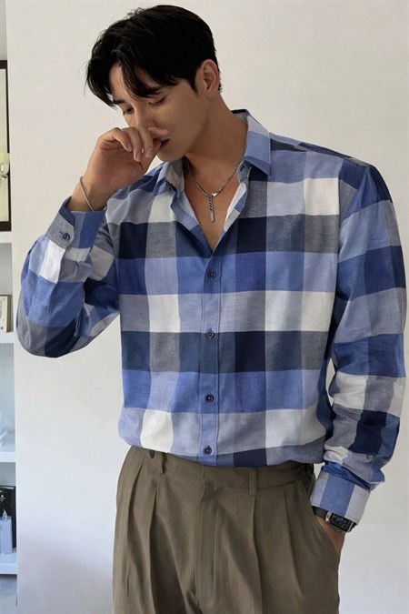 Erkek Ekose-Kareli Gömlek Slim Fit Pamuk Karışımlı Klasik Tarz Uzun Kollu Gömlek