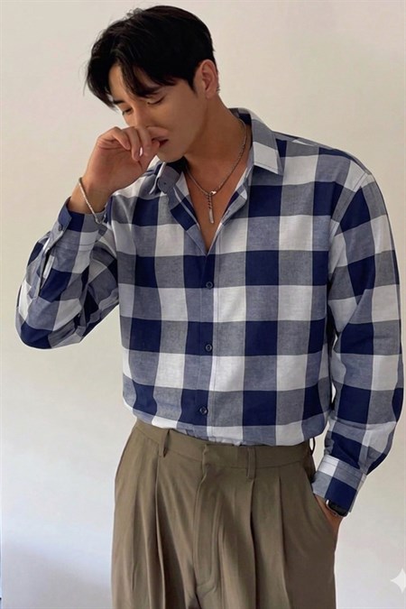 Erkek Ekose-Kareli Gömlek Slim Fit Pamuk Karışımlı Klasik Tarz Uzun Kollu Gömlek