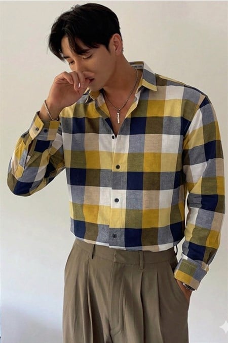 Erkek Ekose-Kareli Gömlek Slim Fit Pamuk Karışımlı Klasik Tarz Uzun Kollu Gömlek