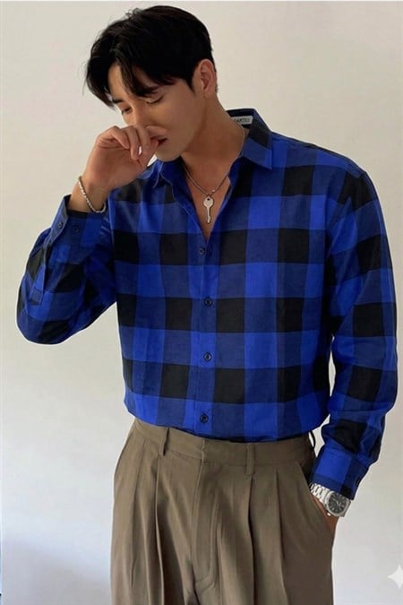 Erkek Ekose-Kareli Gömlek Slim Fit Pamuk Karışımlı Klasik Tarz Uzun Kollu Gömlek