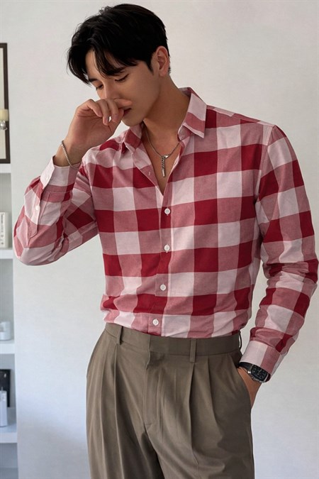 Erkek Ekose-Kareli Gömlek Slim Fit Pamuk Karışımlı Klasik Tarz Uzun Kollu Gömlek