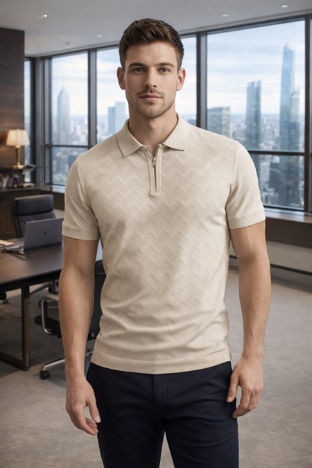 Erkek Slim Fit Fermuarlı Polo Yaka Triko Tişört