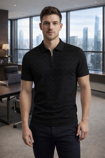 Erkek Slim Fit Fermuarlı Polo Yaka Triko Tişört