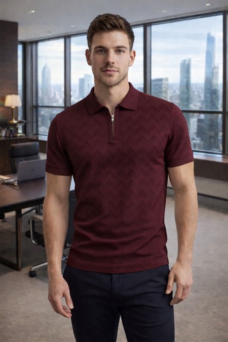Erkek Slim Fit Fermuarlı Polo Yaka Triko Tişört