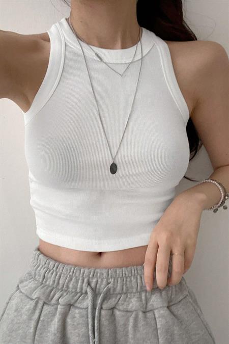 Kadın Beyaz Kaşkorse Geniş Askılı Fitilli Crop Atlet