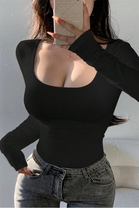 Kadın Kare Yaka Uzun Kollu Esnek Body – Günlük & Şık Slim Fit Basic Bluz