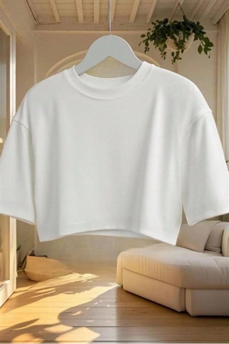 Kadın Bisiklet Yaka Oversize Crop Tişört - %100 Pamuklu Basic Kısa Kol