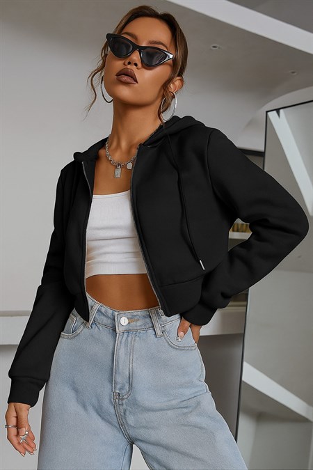 Kadın Kapüşonlu Şardonlu Crop Sweatshirt