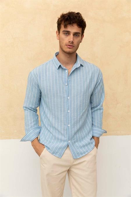 Erkek  Krem Relax Fit Çizgi Detay Gömlek