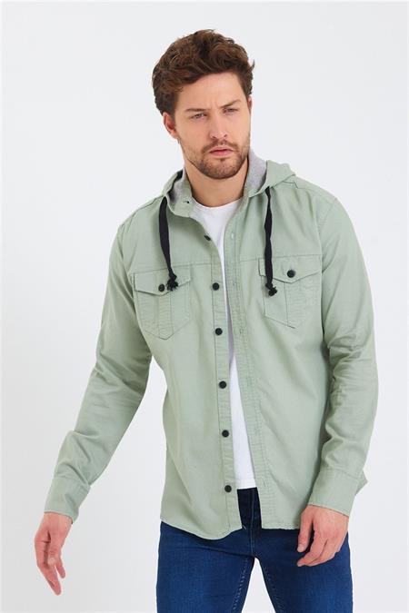 Erkek Kahverengi Kapüşonlu Düğmeli Kot Gömlek-ktgmlkkpr08s