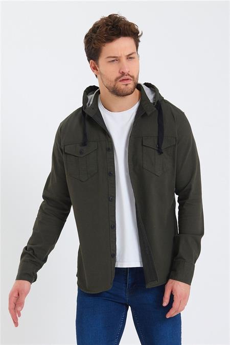 Erkek Kahverengi Kapüşonlu Düğmeli Kot Gömlek-ktgmlkkpr08s