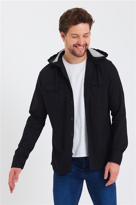 Erkek Kahverengi Kapüşonlu Düğmeli Kot Gömlek-ktgmlkkpr08s