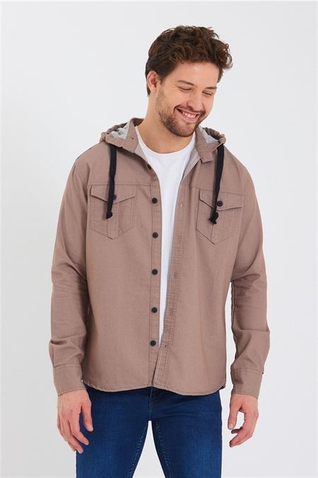 Erkek Kahverengi Kapüşonlu Düğmeli Kot Gömlek-ktgmlkkpr08s