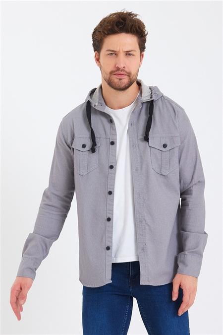 Erkek Kahverengi Kapüşonlu Düğmeli Kot Gömlek-ktgmlkkpr08s