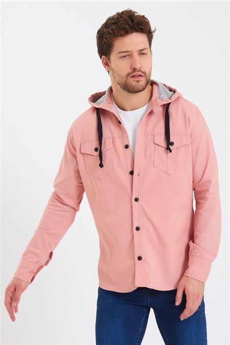 Erkek Kahverengi Kapüşonlu Düğmeli Kot Gömlek-ktgmlkkpr08s