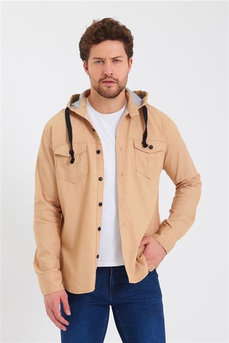 Erkek Kahverengi Kapüşonlu Düğmeli Kot Gömlek-ktgmlkkpr08s