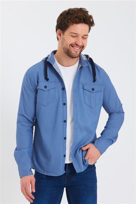 Erkek Kahverengi Kapüşonlu Düğmeli Kot Gömlek-ktgmlkkpr08s