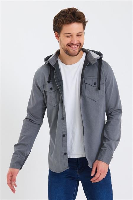 Erkek Kahverengi Kapüşonlu Düğmeli Kot Gömlek-ktgmlkkpr08s