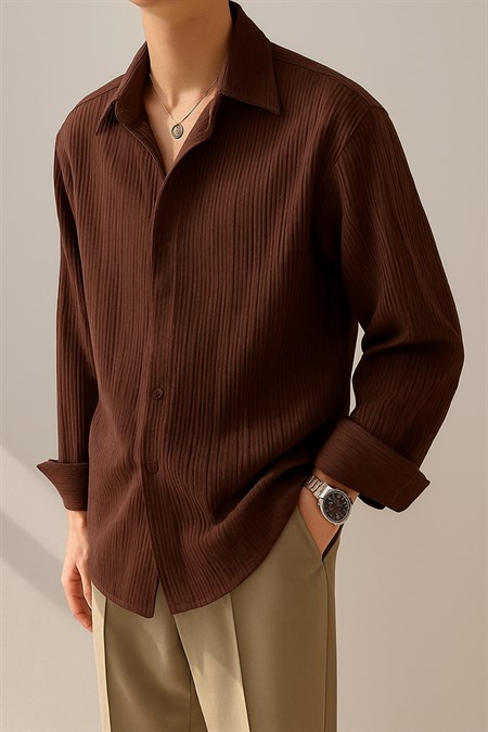 Erkek Bürümcük Slim Fit Gömlek Yaka Uzun Kollu Gömlek