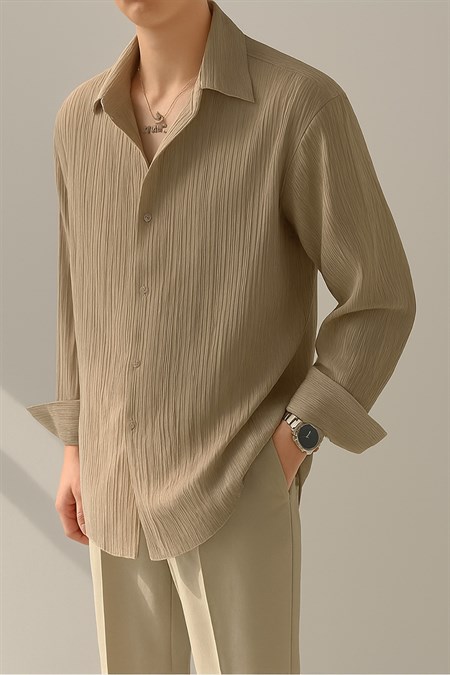 Erkek Bürümcük Slim Fit Gömlek Yaka Uzun Kollu Gömlek