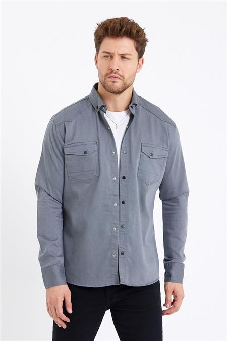 Erkek Mavi Çift Cepli Çıt Çıt Düğmeli Slim Fit Kot Gömlek-tcktgmlkr02s