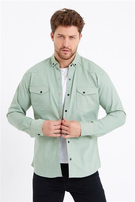 Erkek Mavi Çift Cepli Çıt Çıt Düğmeli Slim Fit Kot Gömlek-tcktgmlkr02s